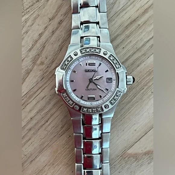 Seiko Coutura Ladies Watch Genuine Diamonds Pink Pearl Dial Stainless Bracelet